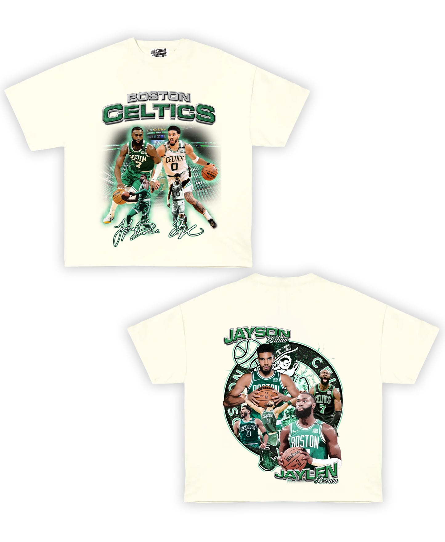 Celtics: Tatum & Brown Tribute Vintage Shirt: Front/Back (White)