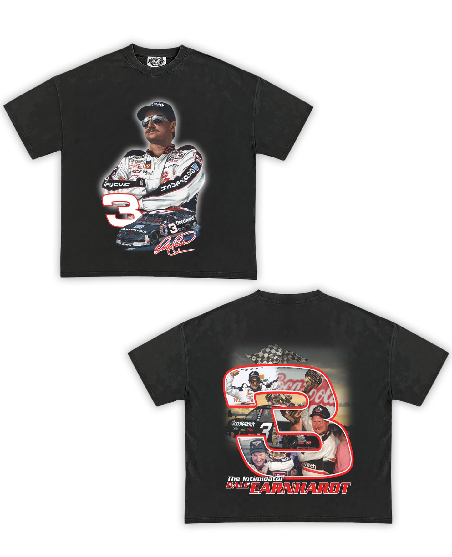Dale Earnhardt Tribute Vintage Shirt: Front/Back (Vintage Black)