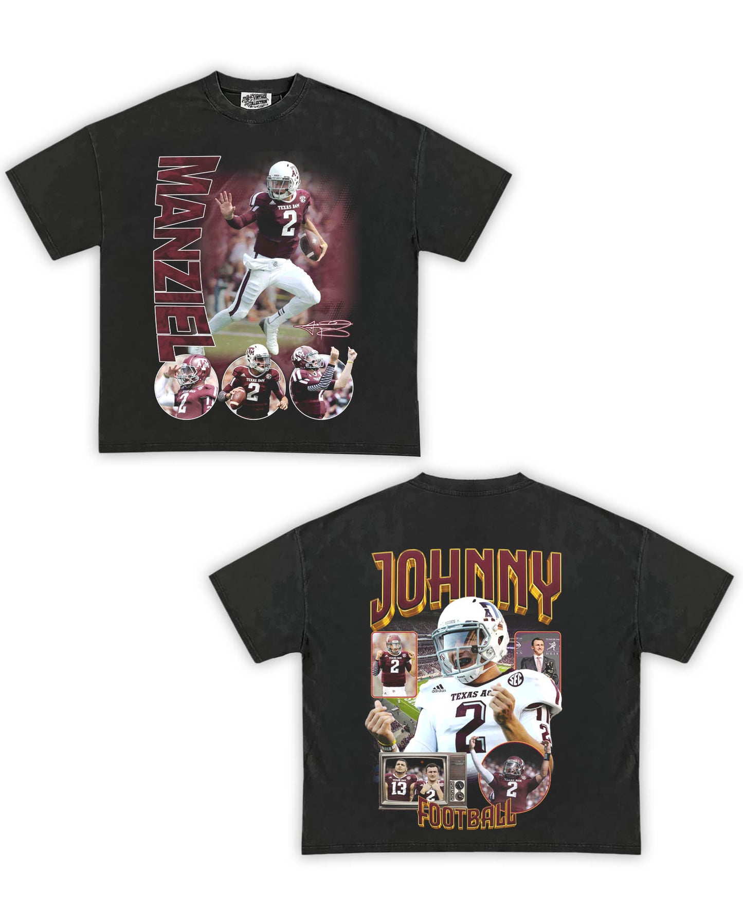 Johnny Manziel Tribute Vintage Shirt: Front/Back (Vintage Black)