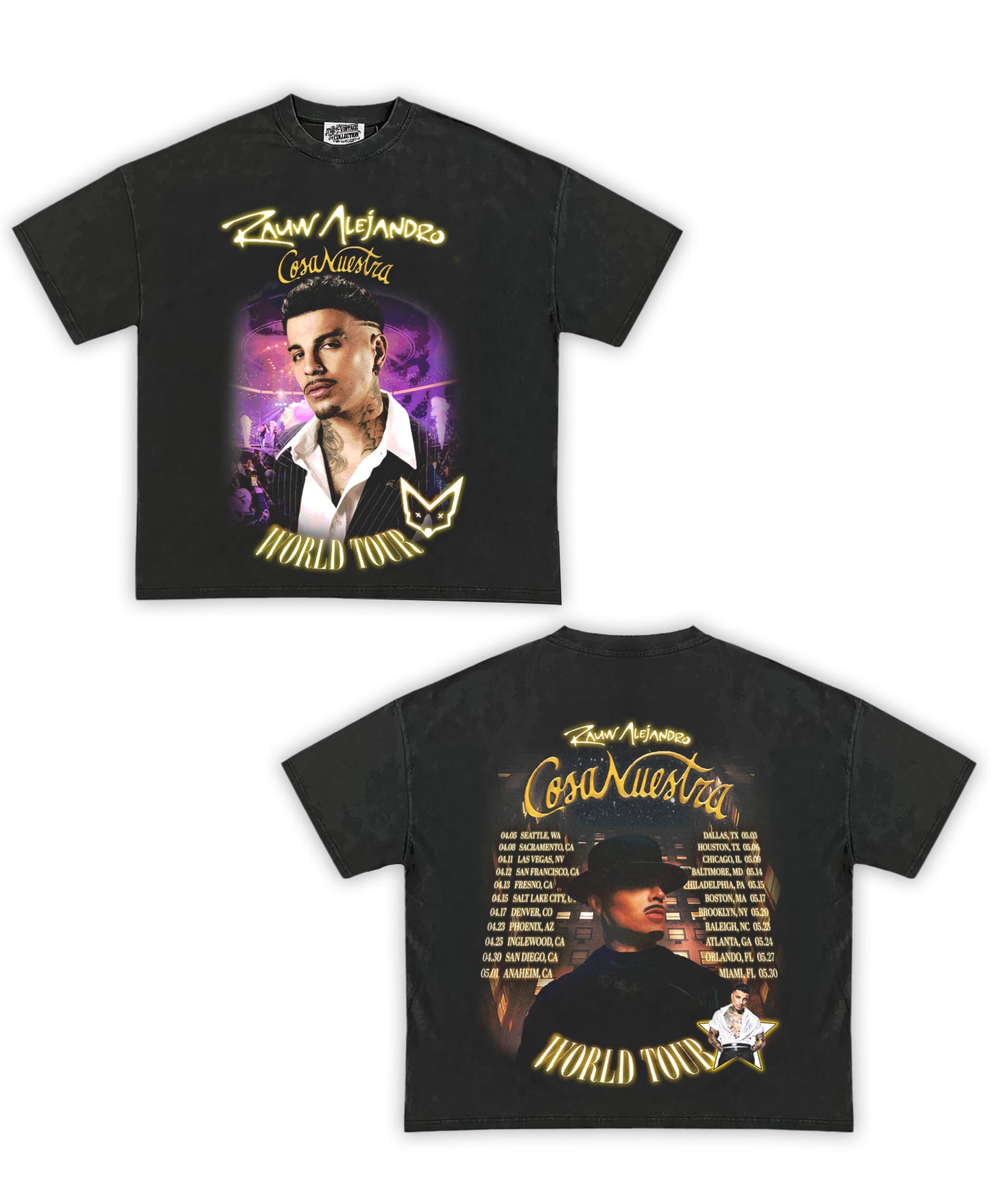 Rauw Alejandro Tour Tribute Vintage Shirt: Front/Back (Vintage Black)