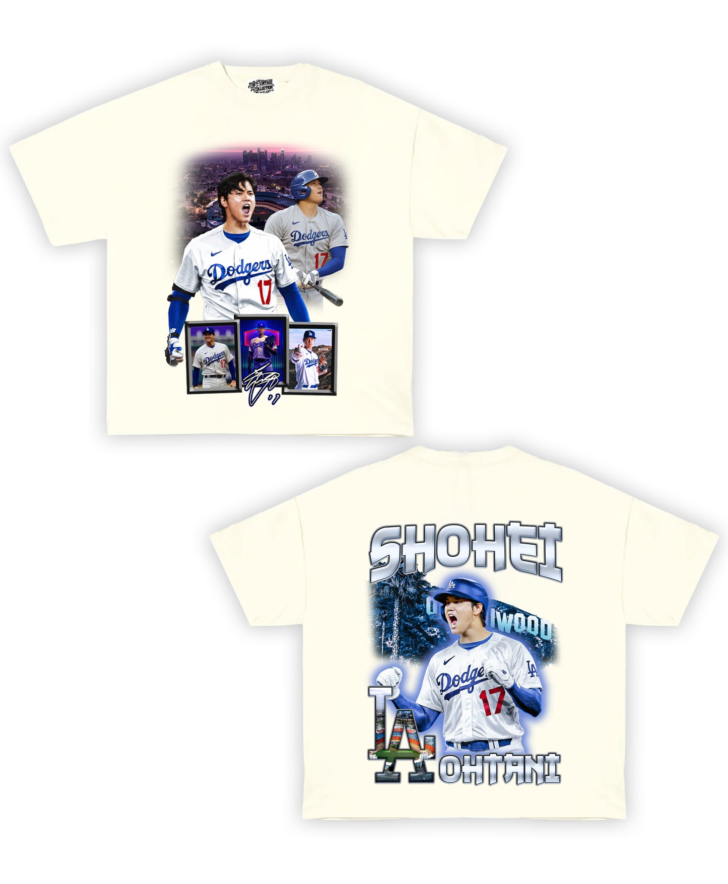 LA Ohtani Tribute Vintage Shirt: Front/Back (White)