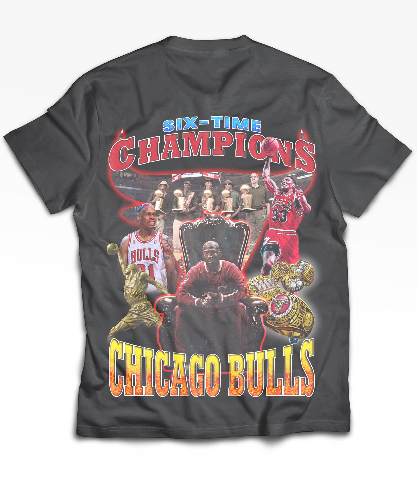 Six Time Bulls Champions Vintage Shirt: Front/Back (Vintage Black)