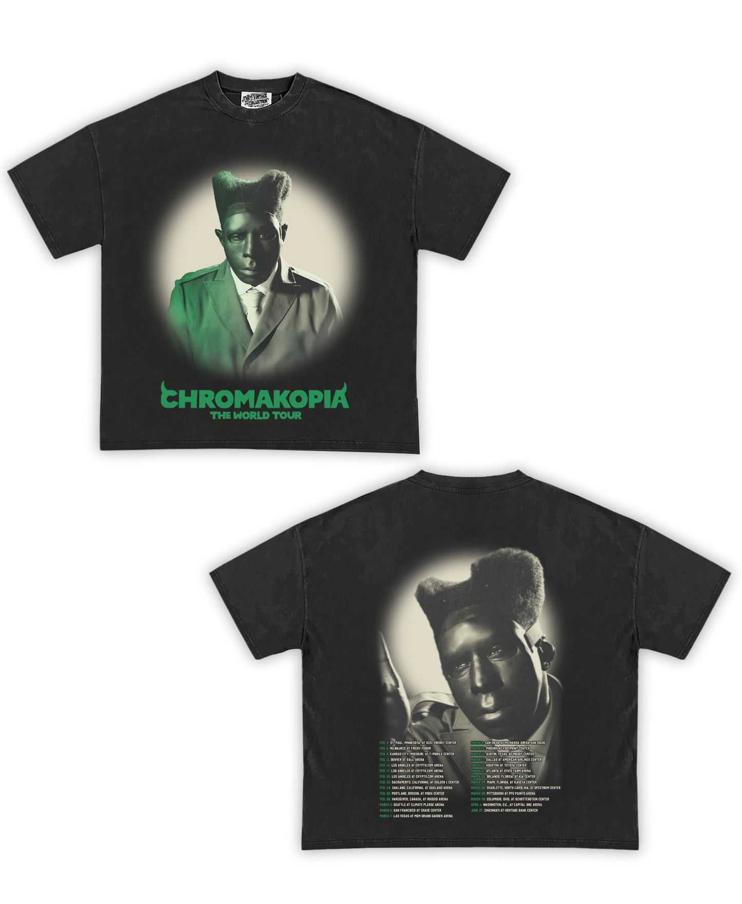 Chromakopia: The World Tour Tribute Vintage Shirt: Front/Back (Vintage Black)