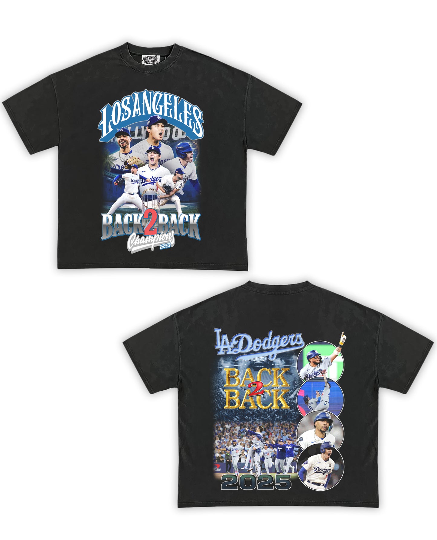 2025 WS Dodgers Back2Back Champions Tribute Vintage Shirt: Front/Back (Vintage Black)
