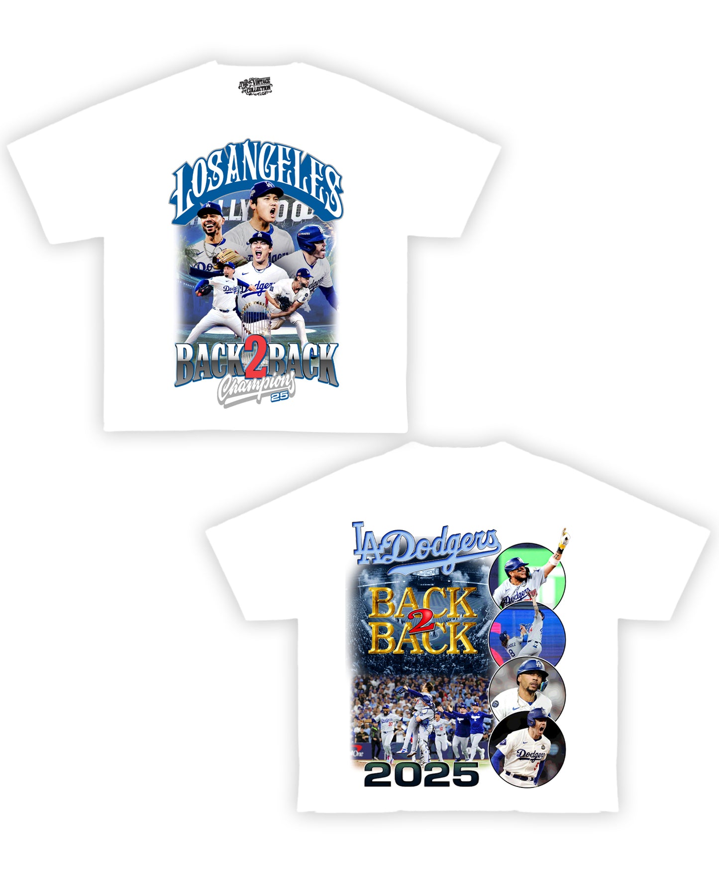2025 WS Dodgers Back2Back Champions Tribute Vintage Shirt: Front/Back (White)