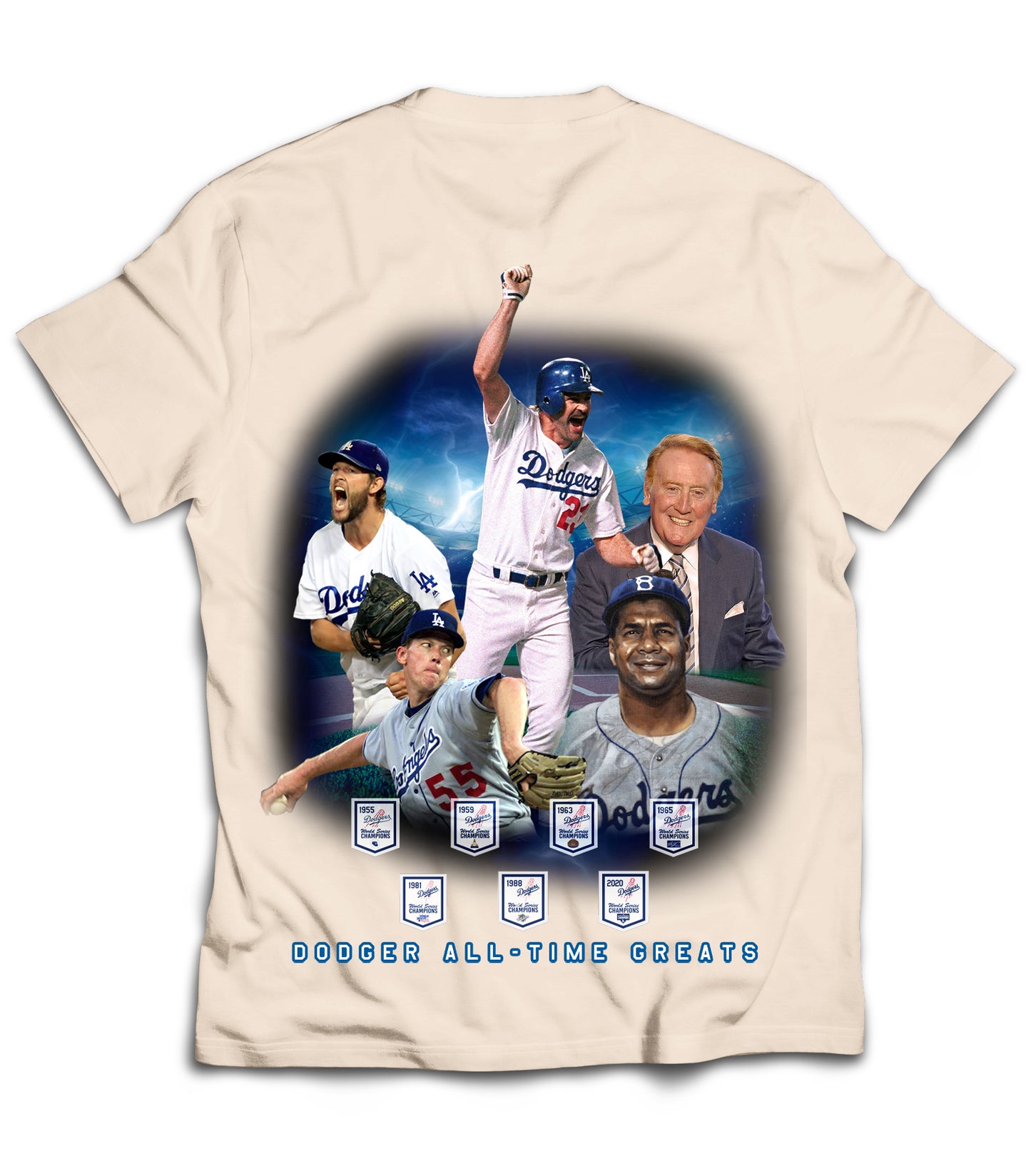 Dodgers 7X Champs Tribute Vintage Shirt: Front/Back (Cream)