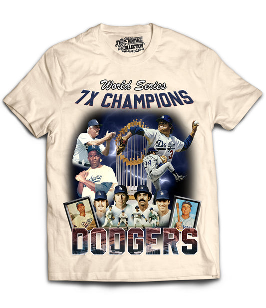 Dodgers 7X Champs Tribute Vintage Shirt: Front/Back (Cream)