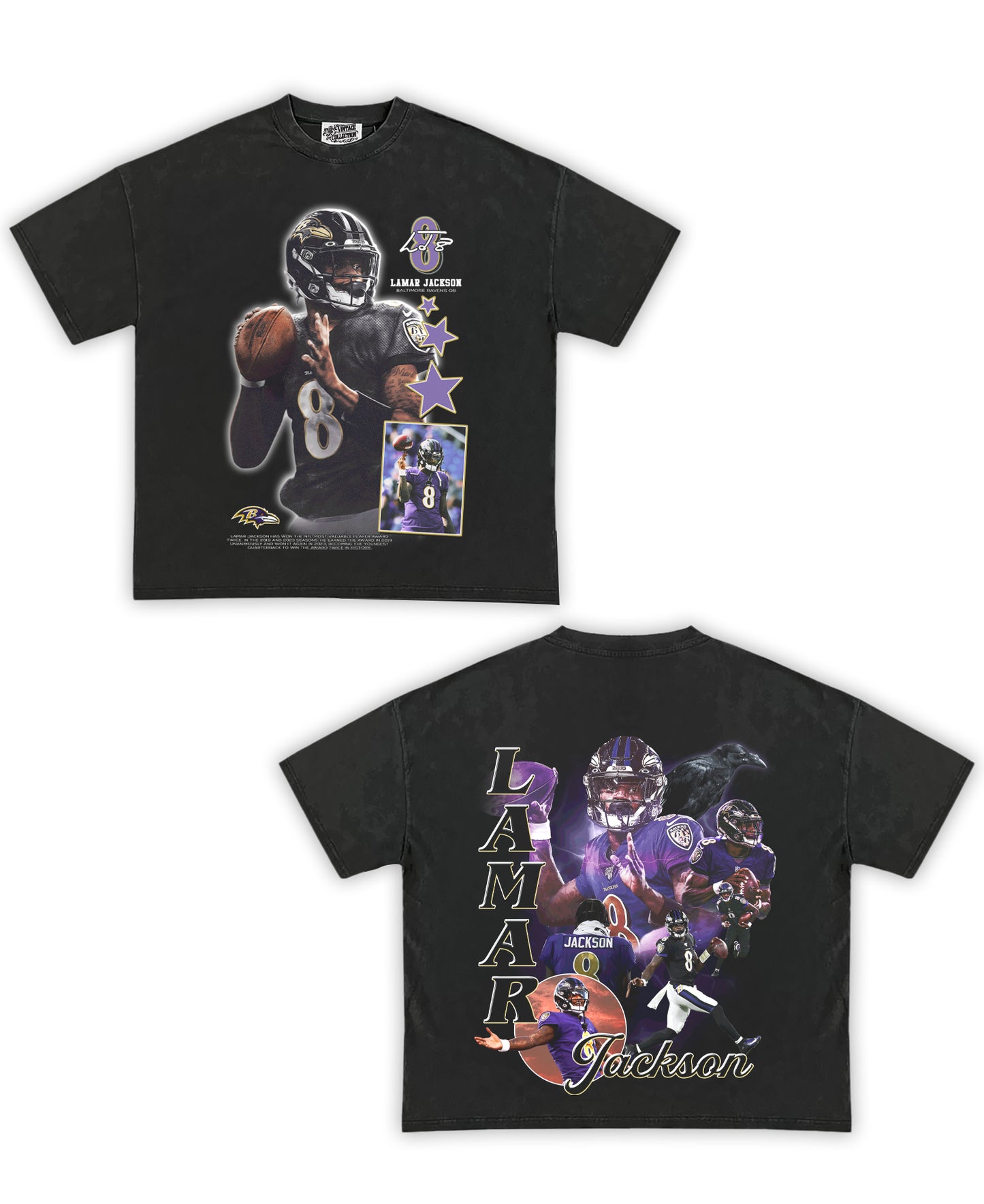 Lamar Jackson Tribute Vintage Shirt: Front/Back (Vintage Black)