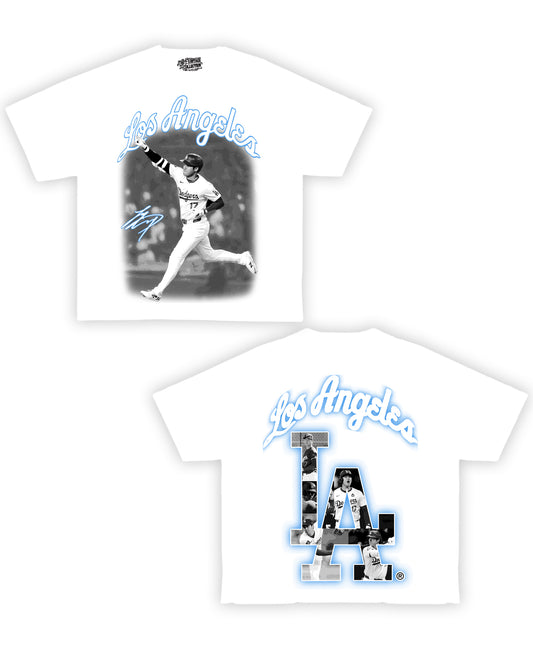 Los Angeles Ohtani Tribute Vintage Shirt: Front/Back (White)