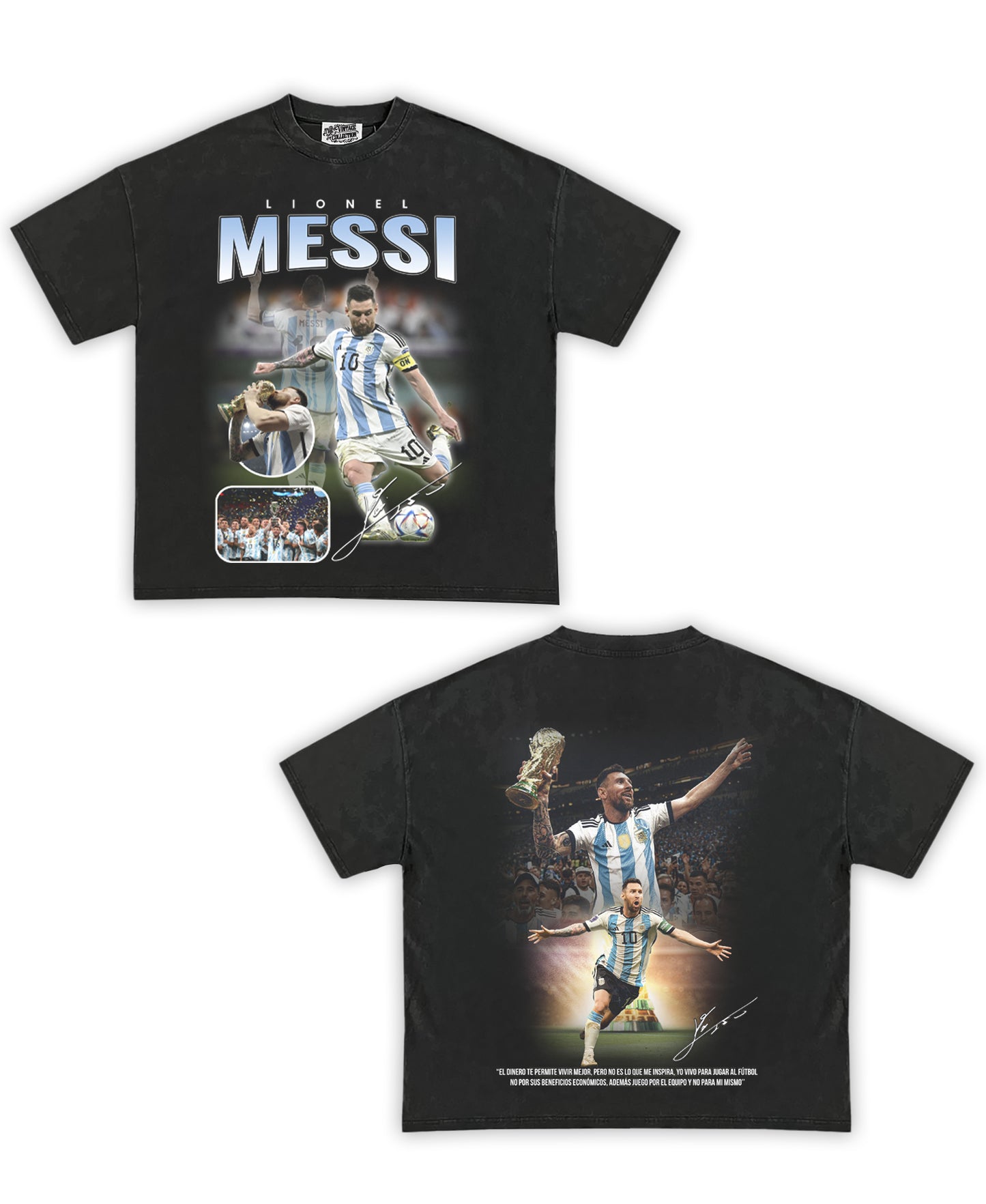 Messi Tribute Vintage Shirt: Front/Back (Vintage Black)