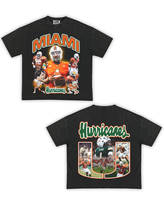 Miami Hurricanes Football Tribute Vintage Shirt: Front/Back (Vintage Black)