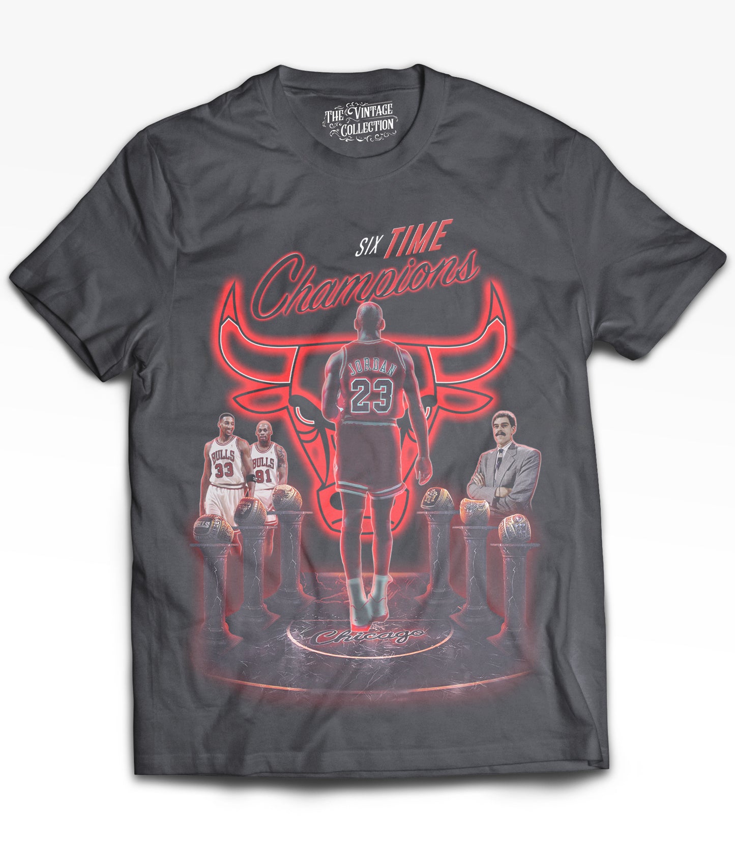 Six Time Bulls Champions Vintage Shirt: Front/Back (Vintage Black)