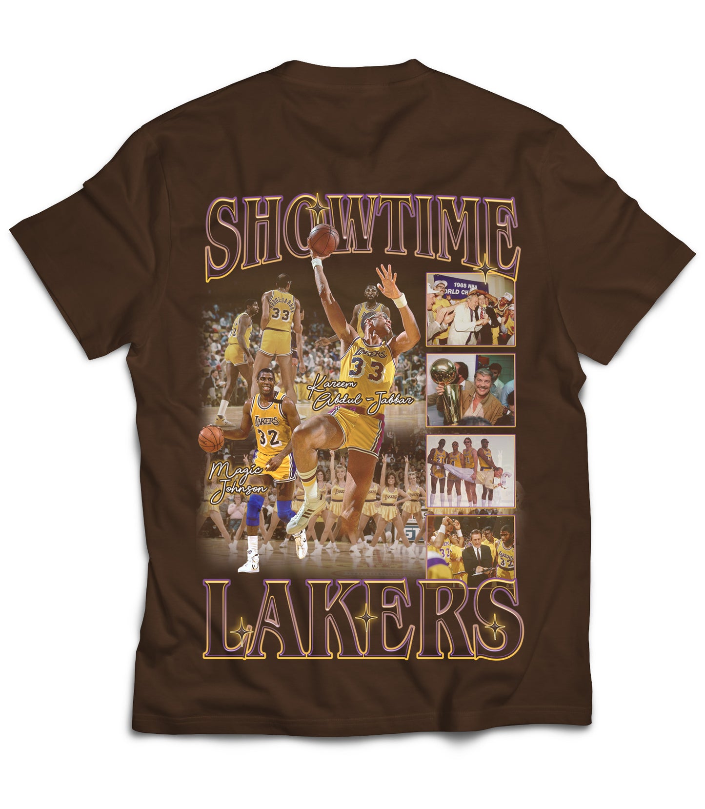 Showtime Lakers Tribute Vintage Shirt: Front/Back (Mocha)